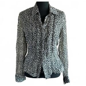 Vtg Vision Apparel Blouse Sz PM Black Leopard Print Ruffles